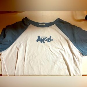 White and gray blue baby tee. Says “angel” very cute and stylish